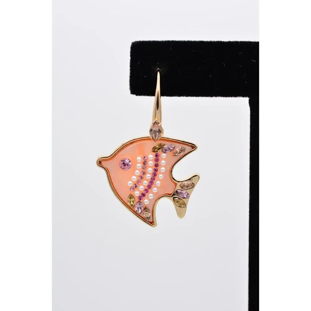 Angel Fish Dangle Earrings Pink Rhinestone Crystal Gold Beach Summer Y2K BinAE